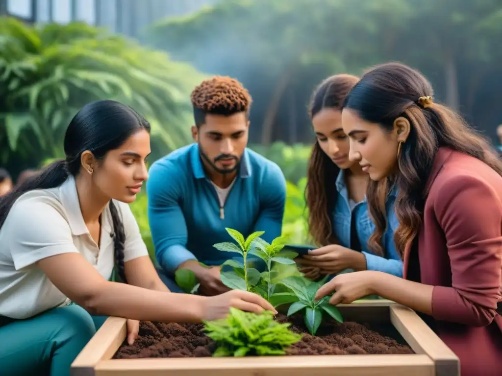 Estudiantes uruguayos aprendiendo educación ambiental en un aula al aire libre, rodeados de naturaleza exuberante