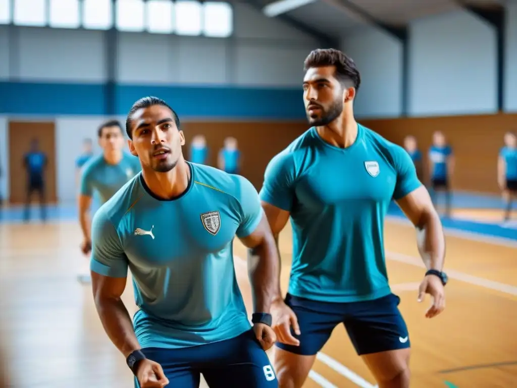 Estudiantes uruguayos en gimnasio escolar, practicando técnicas avanzadas de educación física, demostrando trabajo en equipo y camaradería