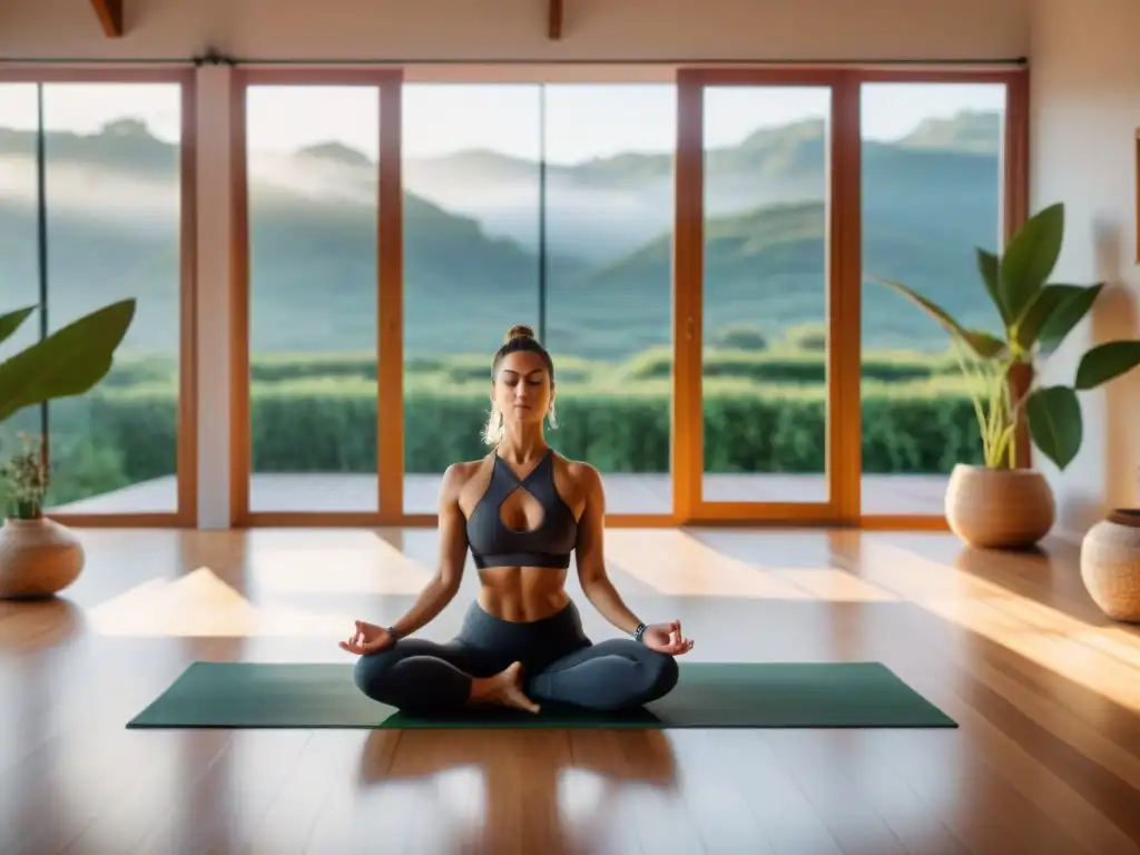 Estudio de yoga en Uruguay con consejos para principiantes: ventana iluminada, mat moderno y plantas verdes