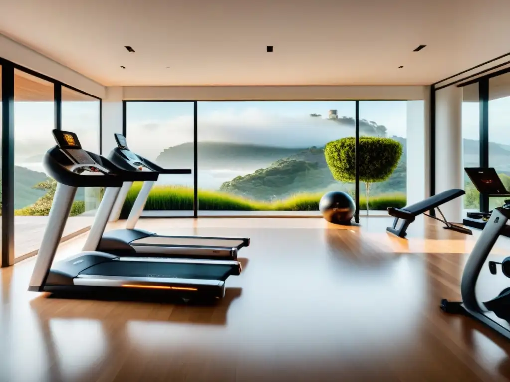 Estudio de gimnasio en casa de lujo en Uruguay con equipos de alta tecnología, diseño elegante y vista panorámica, beneficios gimnasio en casa Uruguay