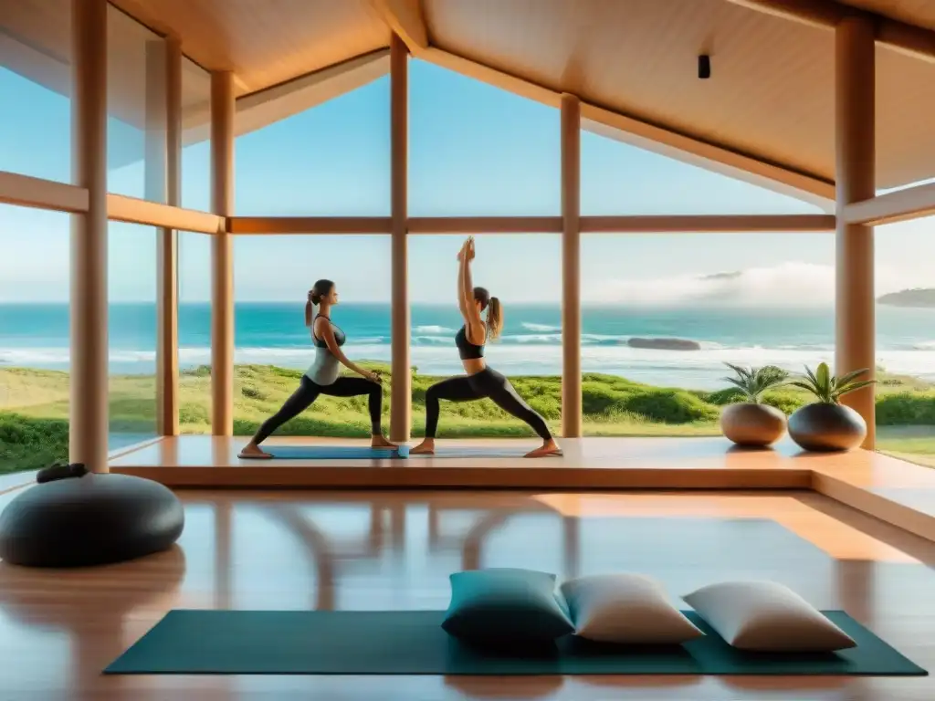 Estudio de yoga moderno con vista a la playa en Uruguay, ambiente tranquilo y personas practicando posturas de yoga