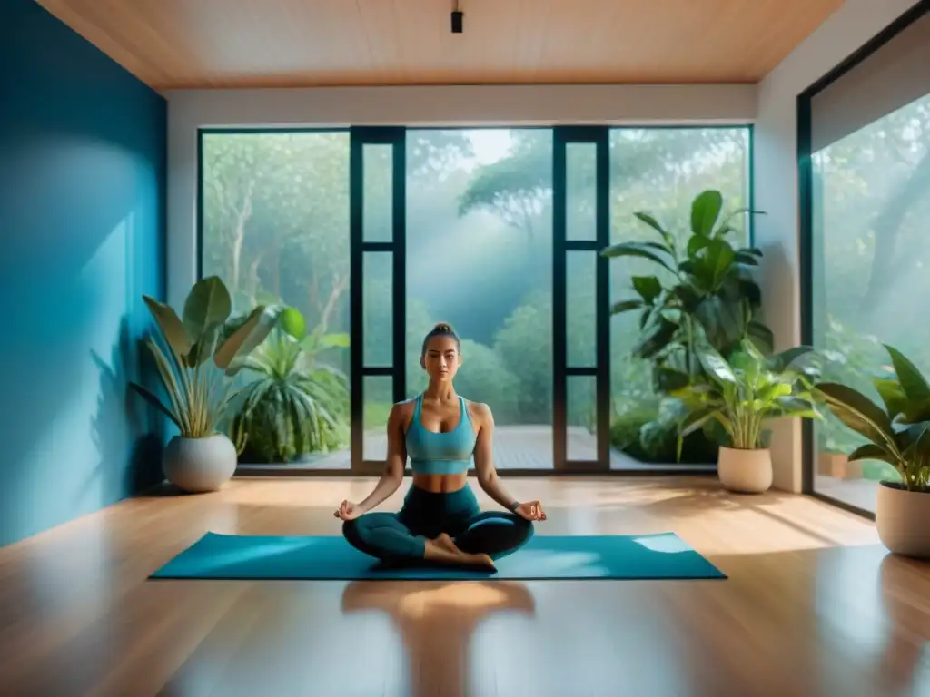 Un estudio de yoga sereno y minimalista en Uruguay, con plantas verdes y vista a la naturaleza, transmite bienestar físico y limpieza ambiental