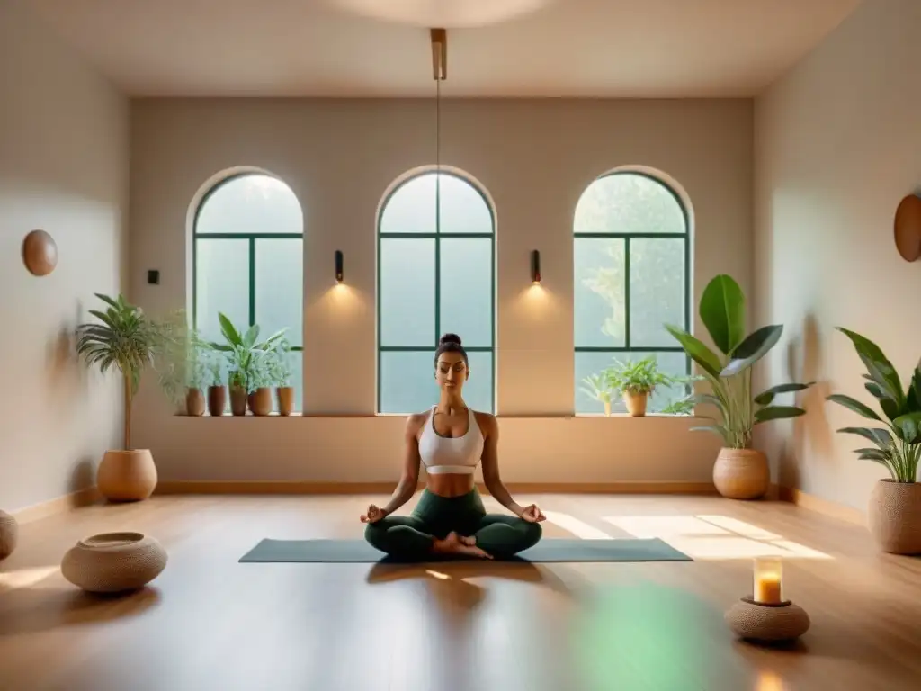 Un estudio de yoga sereno y moderno con plantas verdes, luz natural y un practicante de yoga sudamericano en postura relajante