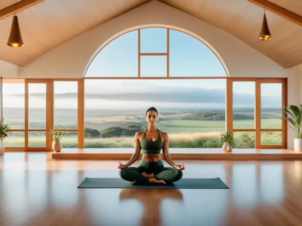 Un estudio de yoga sereno y moderno en Uruguay con vistas a las colinas, decorado con muebles minimalistas y plantas verdes