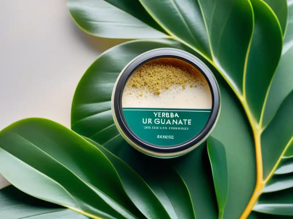 Exfoliante natural de Uruguay en frasco de vidrio junto a vegetación exuberante