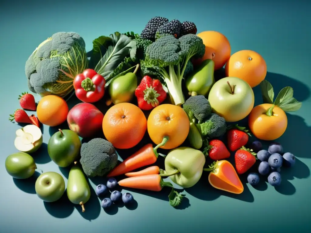 Una exhibición colorida de frutas y verduras frescas, transmitiendo la esencia de una dieta equilibrada