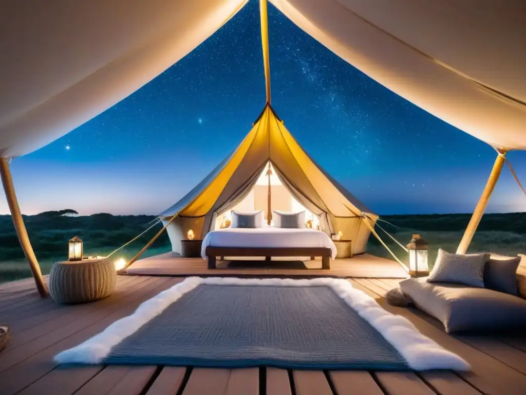 Experiencia de glamping en José Ignacio, Uruguay: tienda lujosa iluminada bajo un cielo estrellado