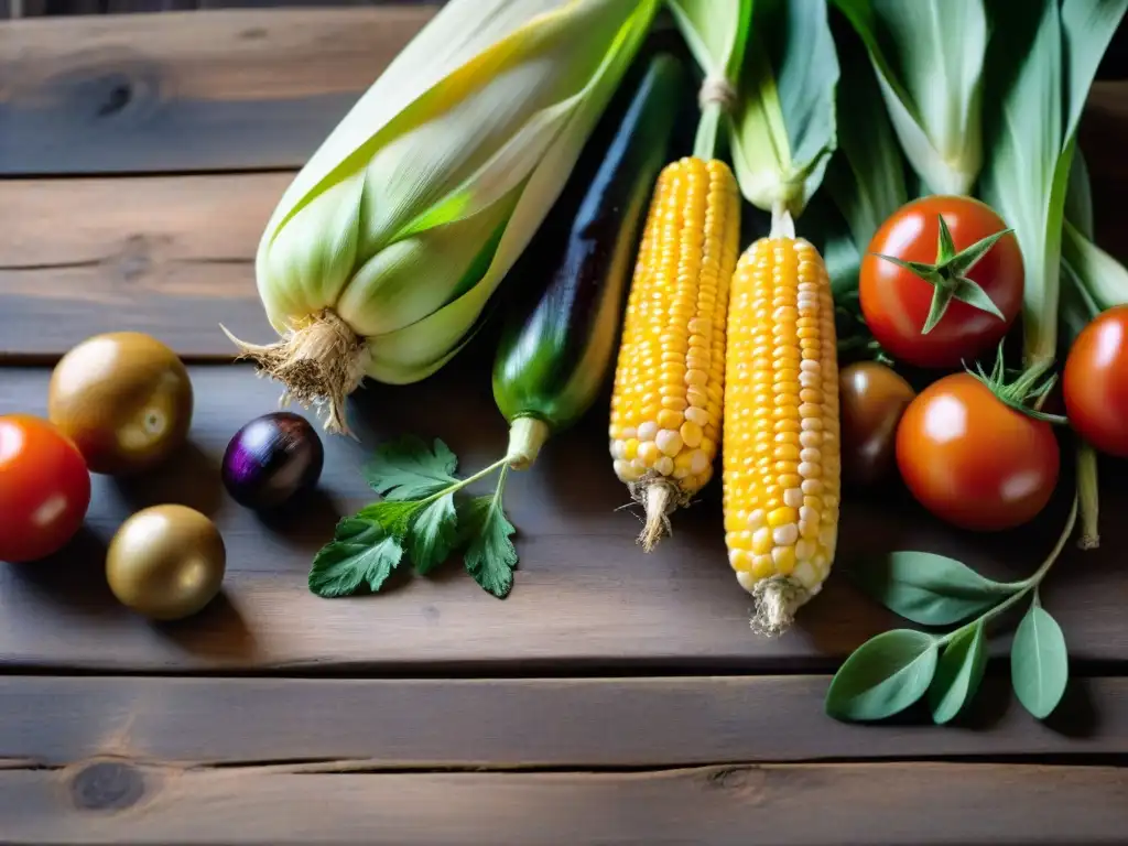 Una explosión de colores de ingredientes frescos de la dieta sostenible Uruguay en una mesa rústica