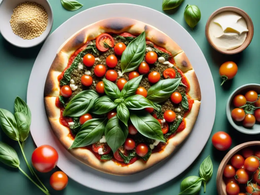 Una explosión de colores de ingredientes frescos para una pizza uruguaya saludable, listos para preparar en una cocina moderna