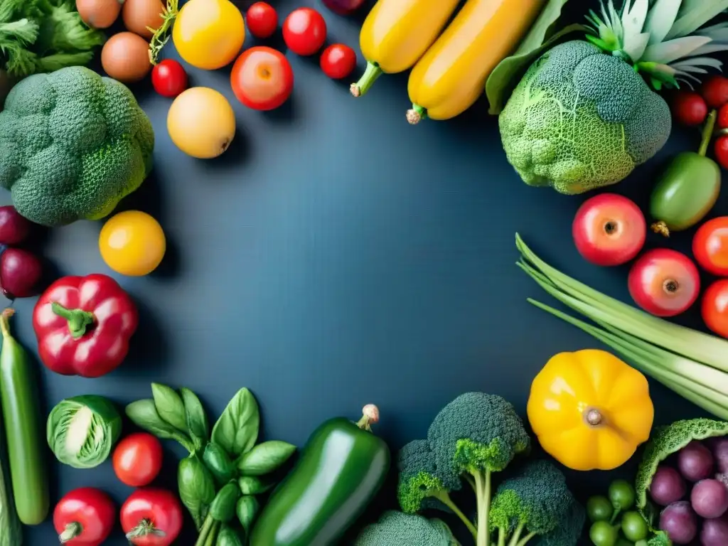 Una explosión de colores y sabores en una mesa de madera, muestra la variedad de alimentos para una dieta vegetariana equilibrada en Uruguay