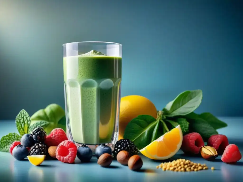Ingredientes frescos y coloridos para batidos de proteínas caseros Una explosión de ingredientes frescos y coloridos en una cocina moderna, simbolizando la esencia natural de las recetas caseras batidos proteína