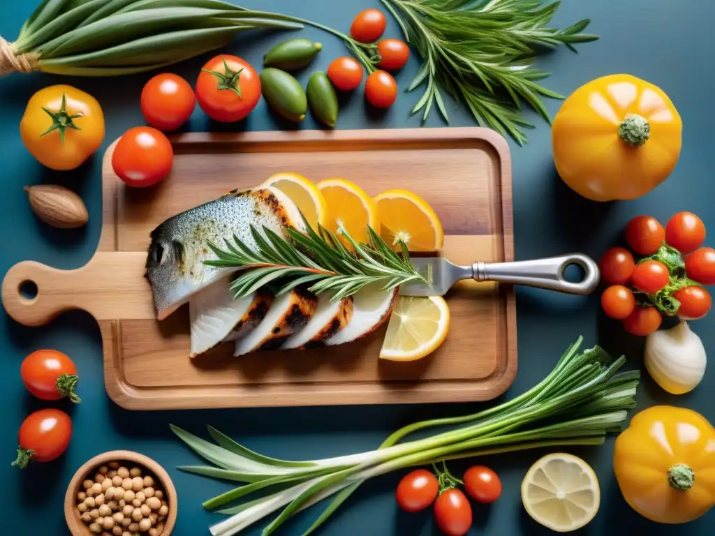 Una exquisita escena de la Dieta Atlántica Uruguaya en una mesa moderna con pescado a la parrilla, mariscos y vegetales frescos