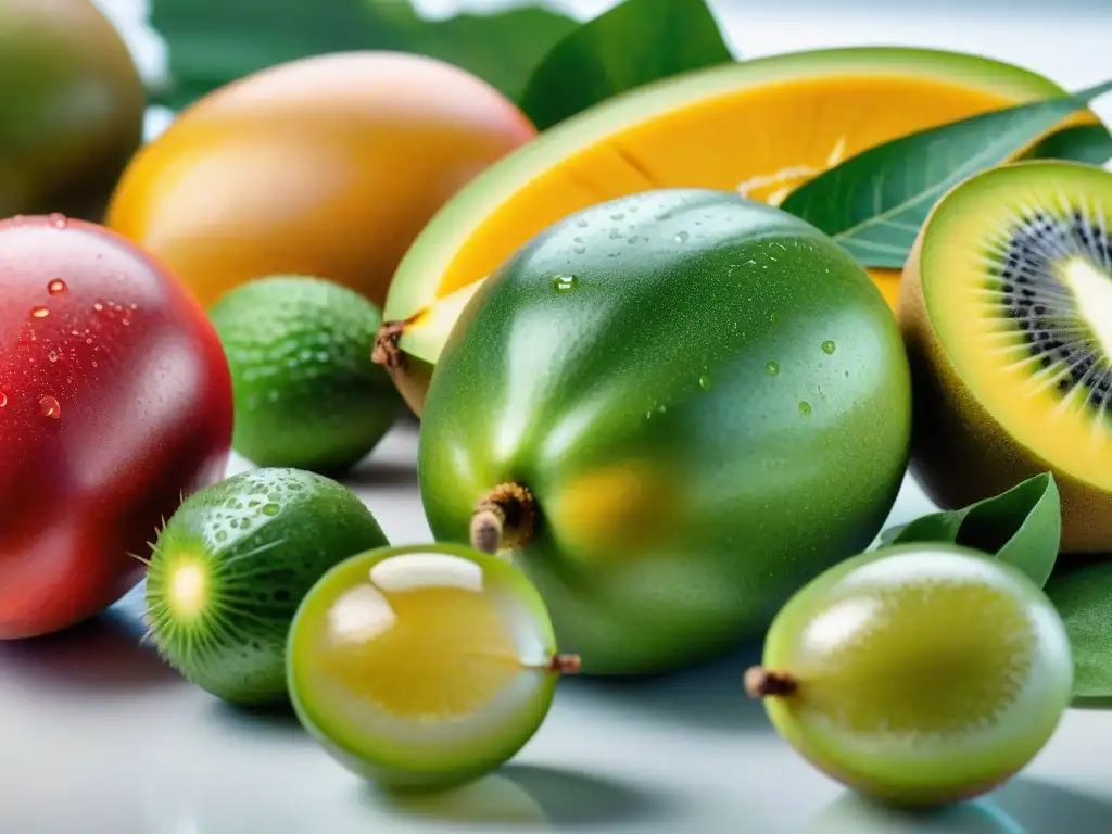 Una exquisita exhibición de productos de belleza veganos en Uruguay: frutas y verduras frescas y coloridas sobre una mesa blanca moderna