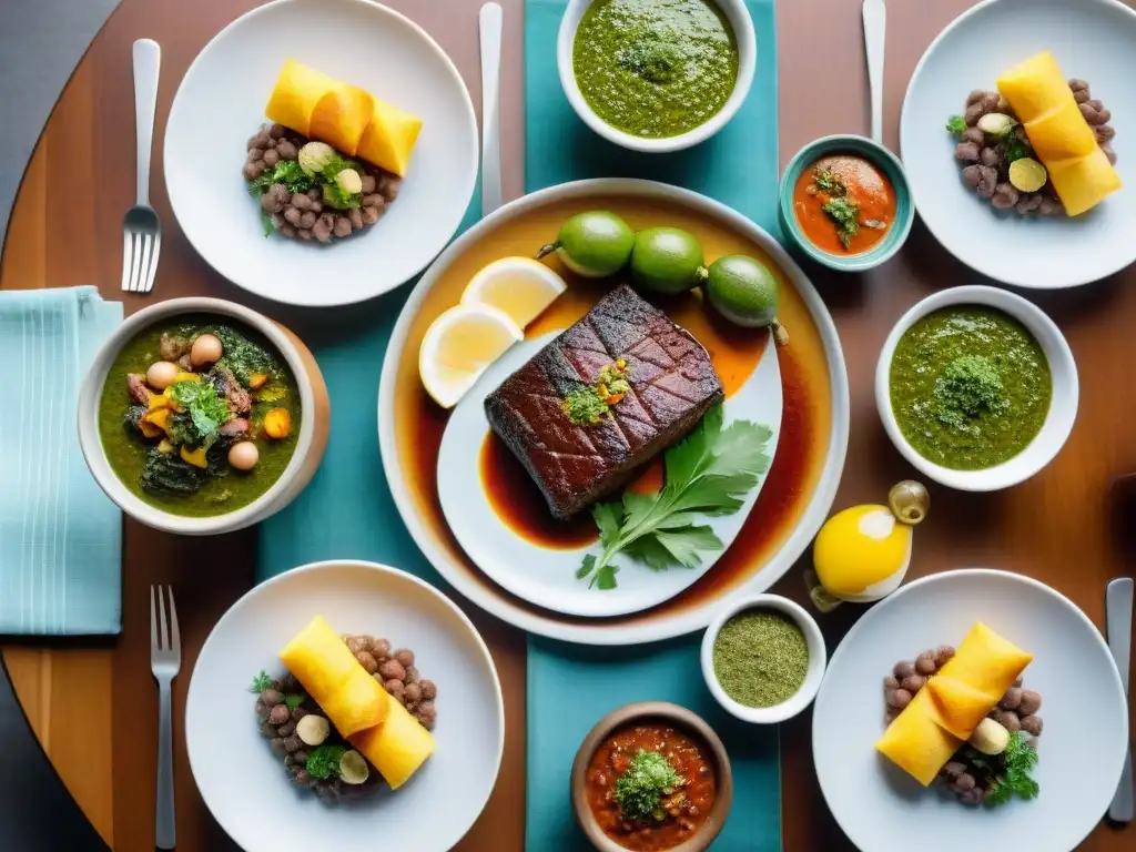 Una exquisita muestra de la rica y colorida dieta uruguaya para prevenir enfermedades, con asado, locro, medialunas y clericó en una mesa elegante