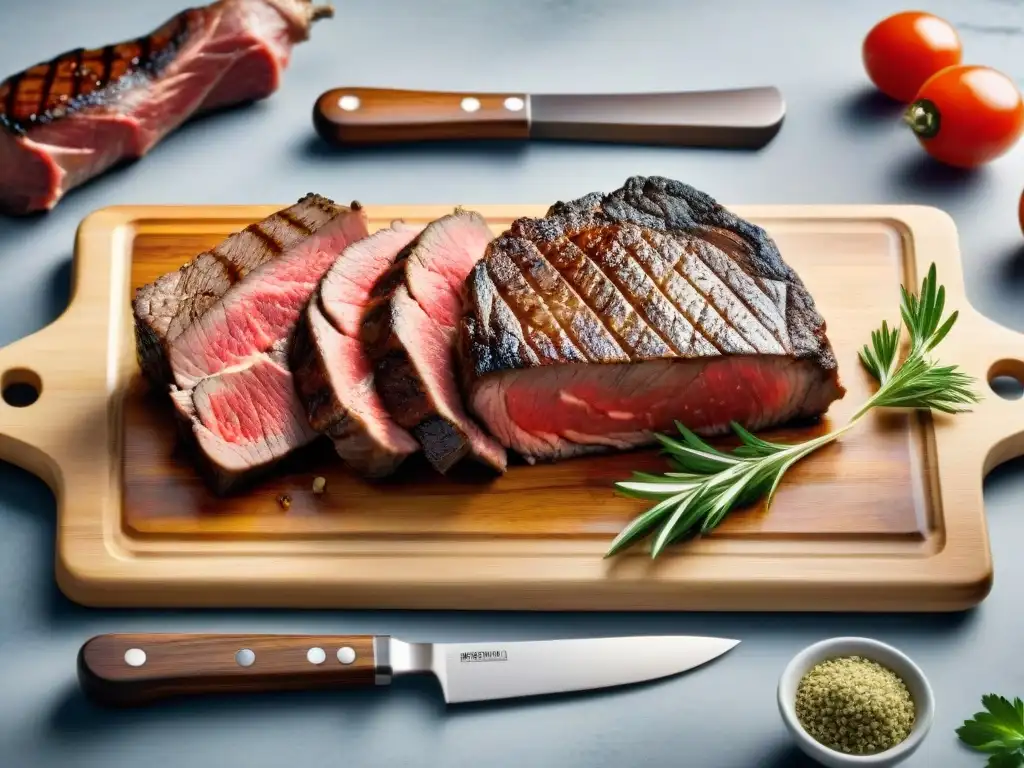 Exquisita selección de cortes premium de carne uruguaya en tabla rústica Exquisita presentación de cortes premium de carne uruguaya en tabla de madera rústica, beneficios carne uruguaya alimentación saludable