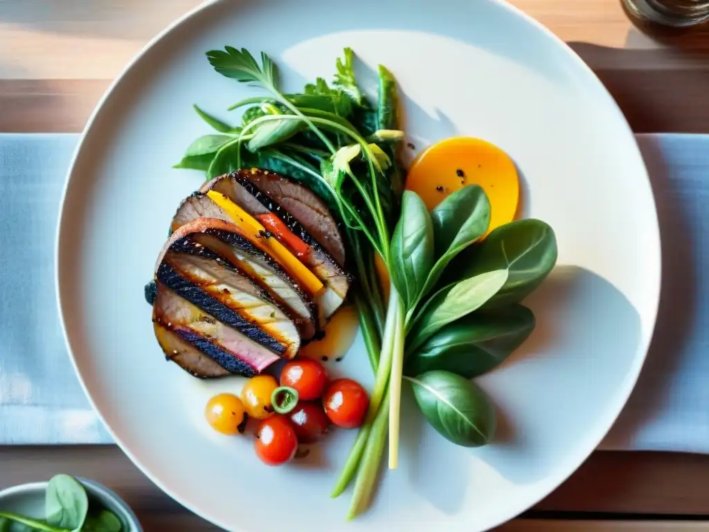 Exquisita receta de cocina uruguaya saludable con vegetales y carne a la parrilla en un plato blanco