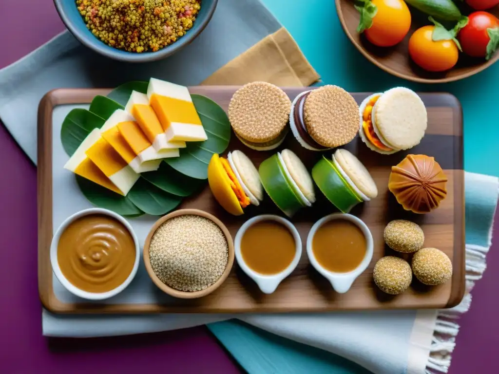 Una exquisita selección de snacks saludables uruguayos en una presentación colorida y atractiva en tabla de madera moderna