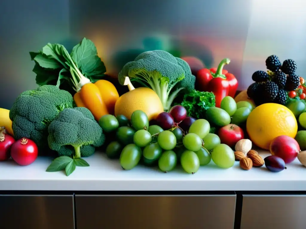 Una exquisita variedad de alimentos frescos y coloridos para mejorar la digestión en Uruguay, desplegados en una moderna encimera de cocina