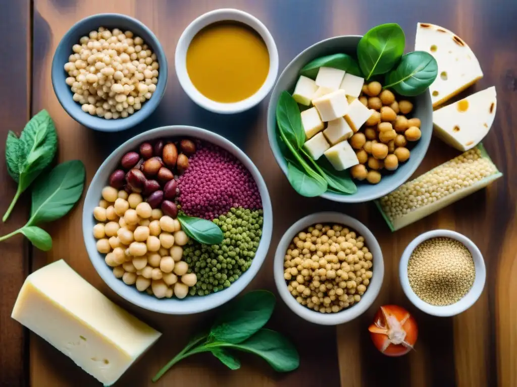 Una exquisita variedad de alimentos ricos en proteínas vegetales en Uruguay, presentados de forma colorida y atractiva en una mesa de madera