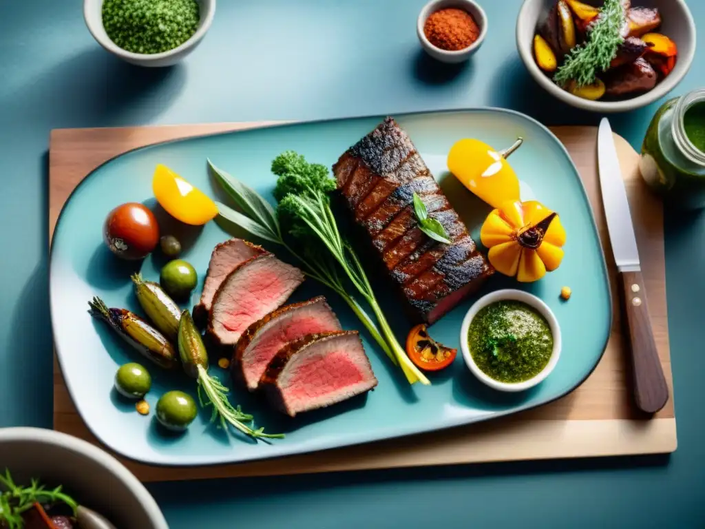 Delicioso banquete de carnes uruguayas a la parrilla Exquisita variedad de carnes uruguayas a la parrilla con vegetales asados y chimichurri, beneficios carne uruguaya alimentación saludable