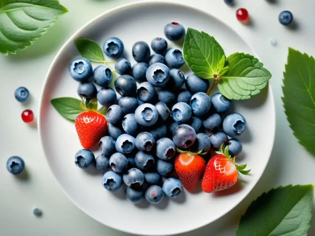 Exquisita variedad de frutas antioxidantes en plato blanco sobre fondo verde, Antioxidantes para bienestar integral Uruguay