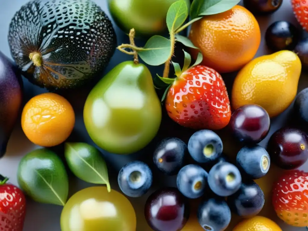 Una exquisita variedad de frutas y verduras uruguayas frescas, vibrantes y jugosas, brilla bajo la luz natural