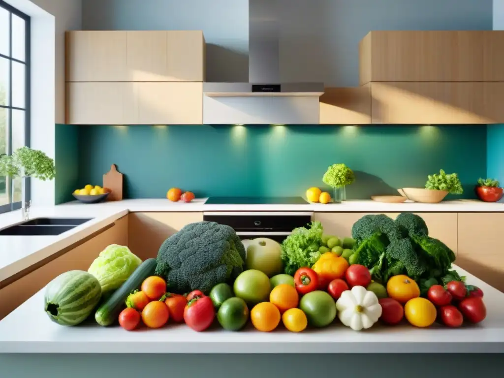 Una exquisita variedad de frutas y verduras frescas, colocadas en una cocina moderna