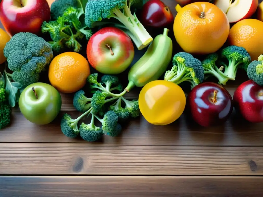 Una exquisita variedad de frutas y verduras coloridas sobre una mesa de madera, resaltando la fibra y los beneficios para la salud en Uruguay