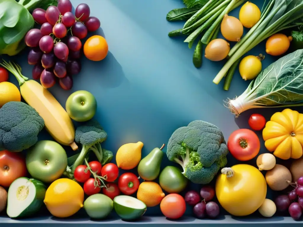 Exquisita variedad de frutas y verduras frescas con gotas de agua, transmitiendo vitalidad