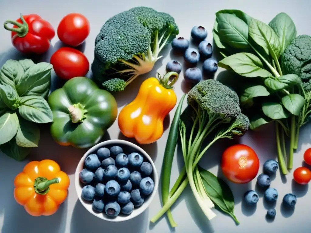 Una exquisita variedad de frutas y verduras ricas en antioxidantes para bienestar integral en Uruguay, desplegadas en una cocina moderna y vibrante