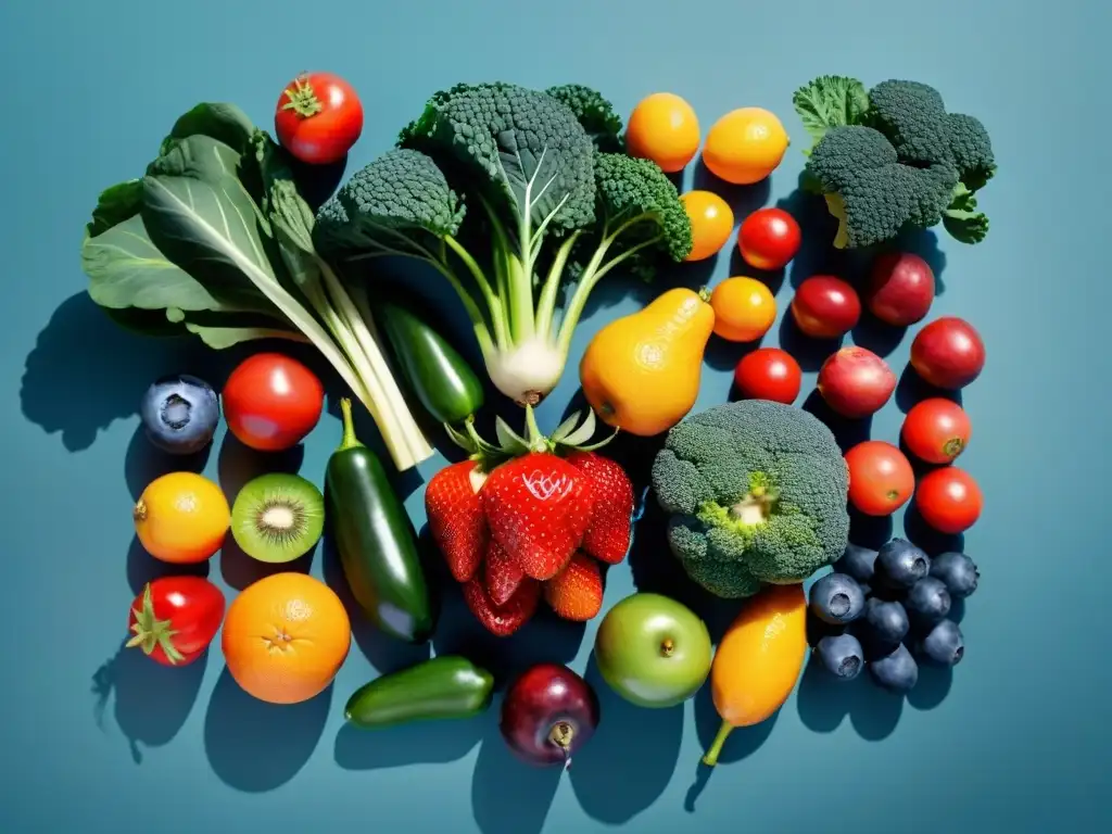 Una exquisita variedad de frutas y verduras frescas, vibrantes y coloridas, armoniosamente dispuestas