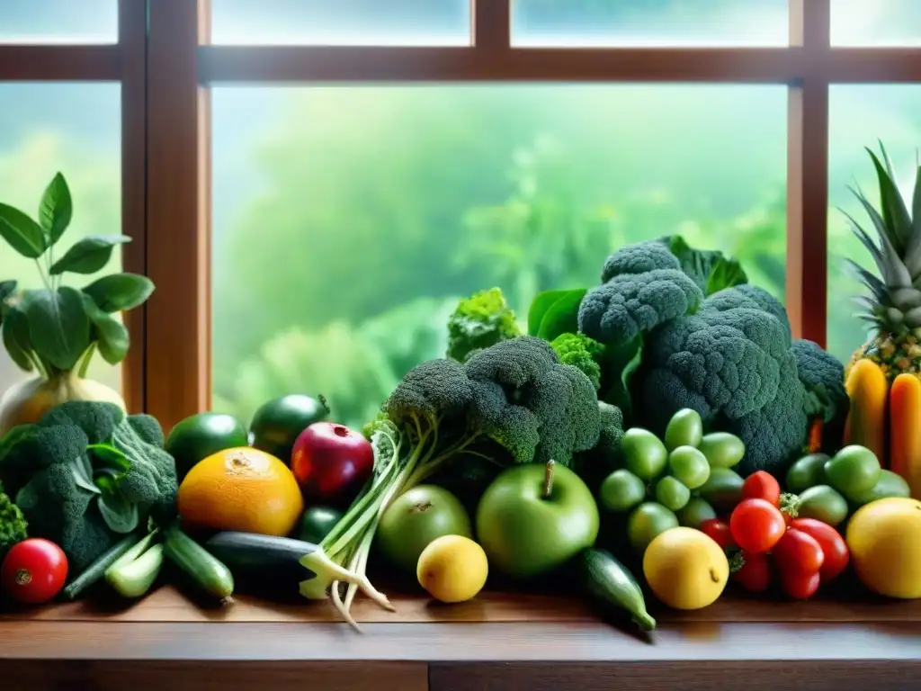 Una exquisita variedad de frutas y verduras frescas sobre una mesa de madera, resaltando colores y texturas