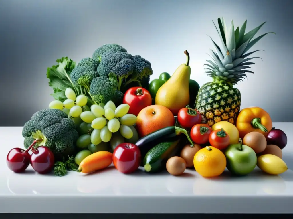 Una exquisita variedad de frutas y verduras frescas, con agua brillante, en una cocina moderna