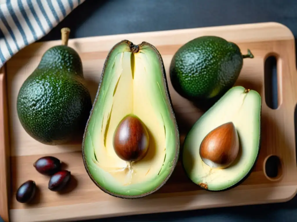 Una exquisita variedad de fuentes saludables de grasas en Uruguay, en un elegante tablero de madera moderno