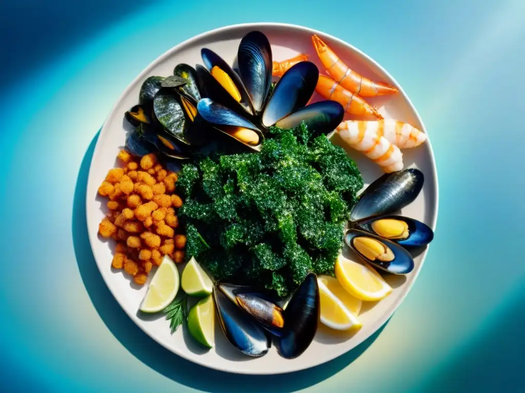 Una exquisita variedad de superalimentos marinos en un plato moderno sobre el mar brillante