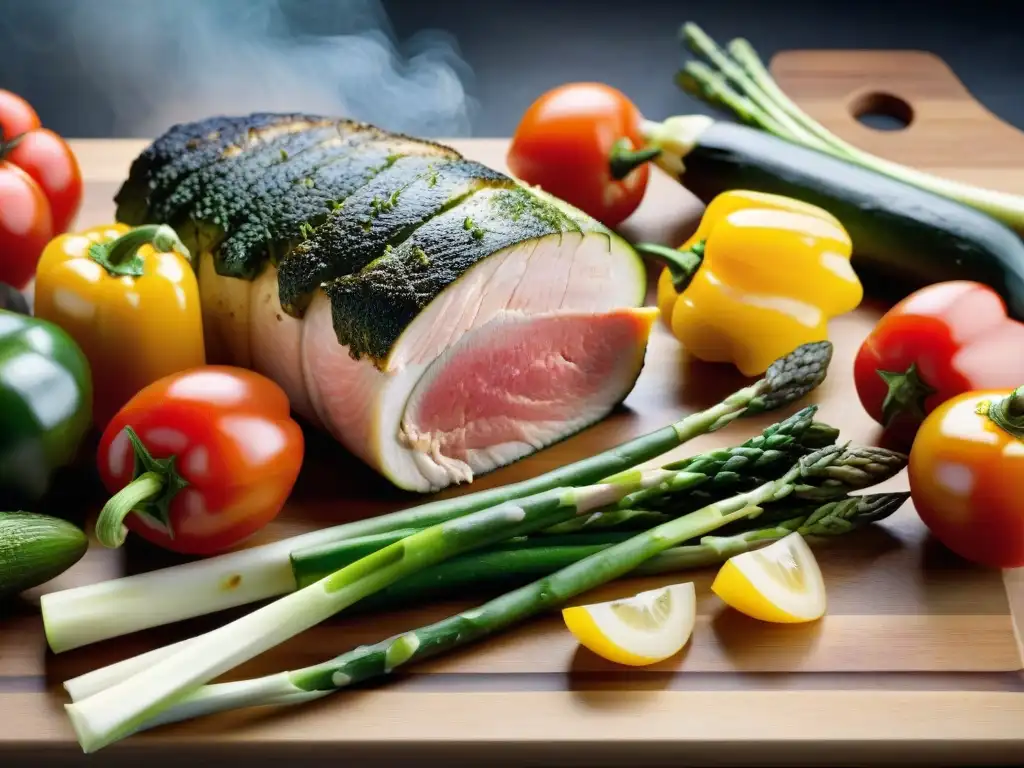 Una exquisita variedad de verduras frescas y carnes magras en una tabla de madera para un asado uruguayo saludable