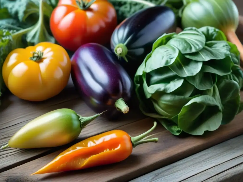 Una exquisita variedad de verduras de temporada en Uruguay: tomates, lechugas, berenjenas y zanahorias, frescas y coloridas sobre una mesa rústica