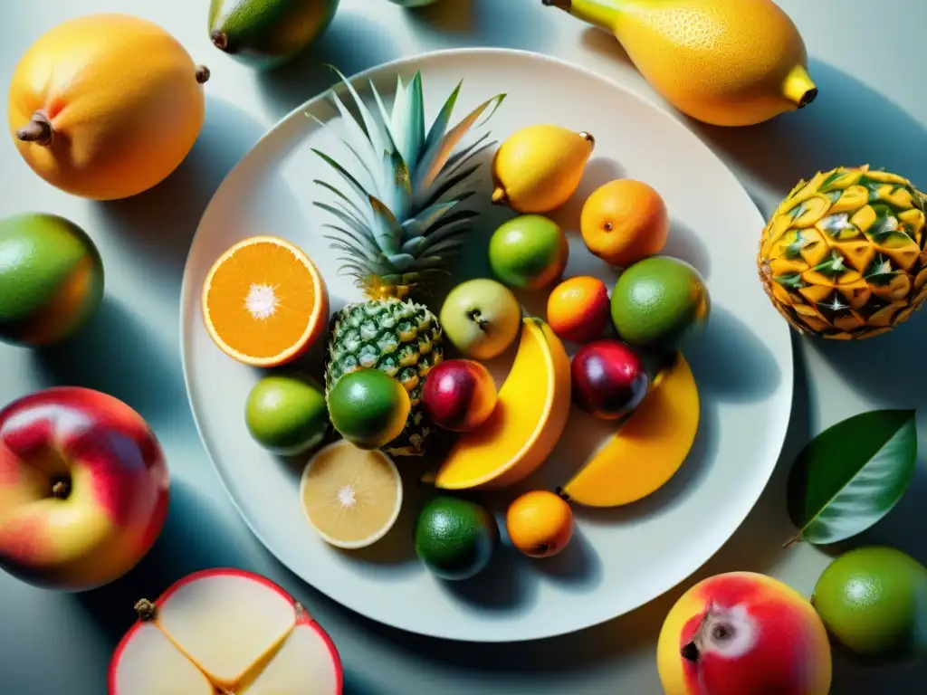 Un exquisito arreglo de frutas tropicales en plato blanco, reflejando frescura y salud con Edulcorantes saludables Uruguay