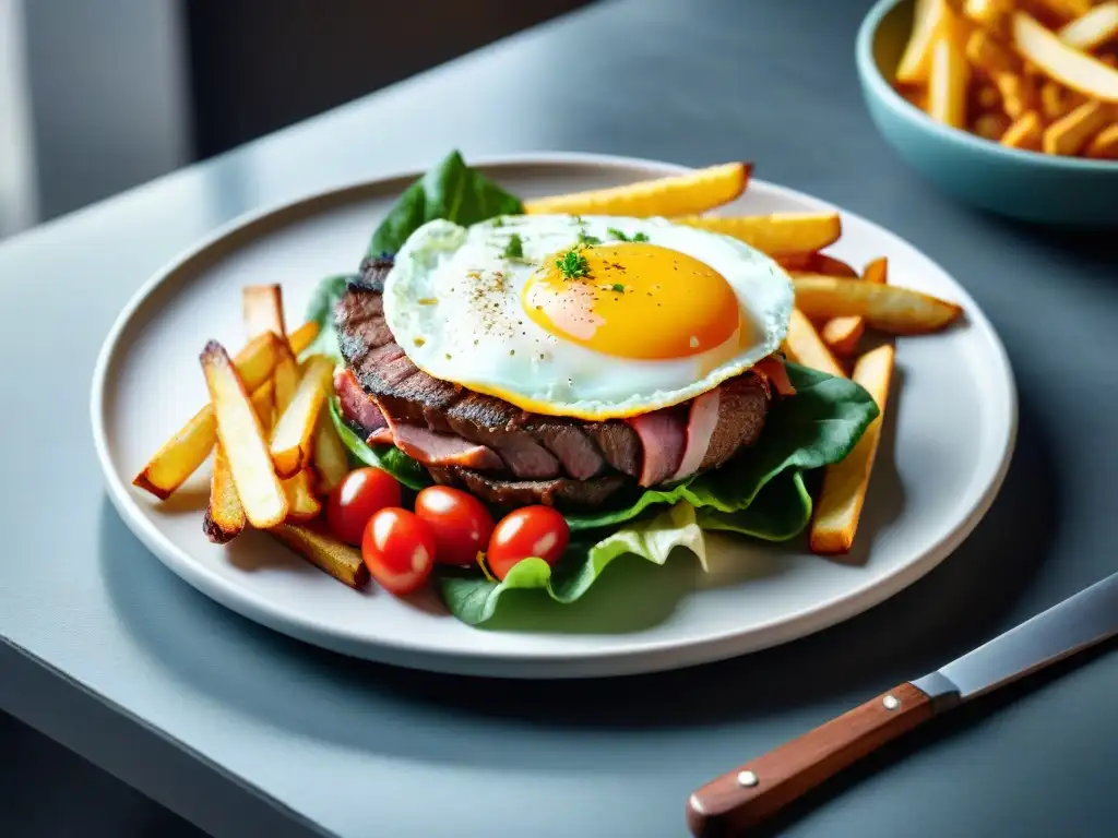 Exquisito Chivito uruguayo con ingredientes frescos y coloridos en un plato moderno