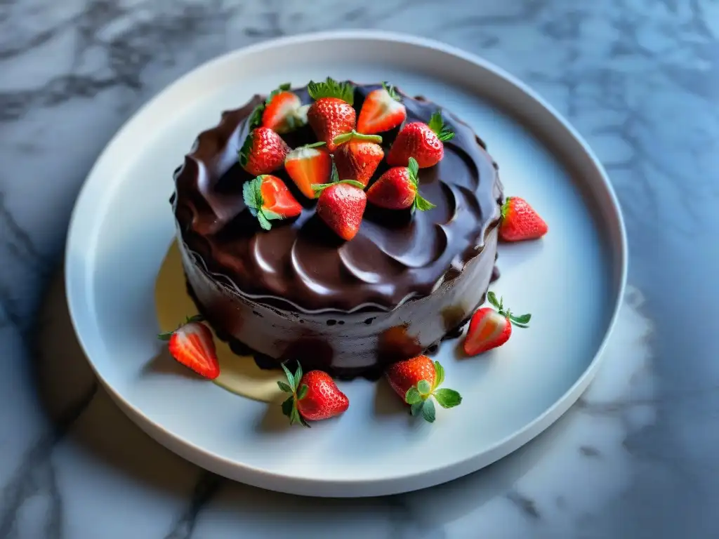 Un exquisito pastel de chocolate cubierto de ganache, fresas frescas y azúcar glass, con efectos azúcar bienestar Uruguay