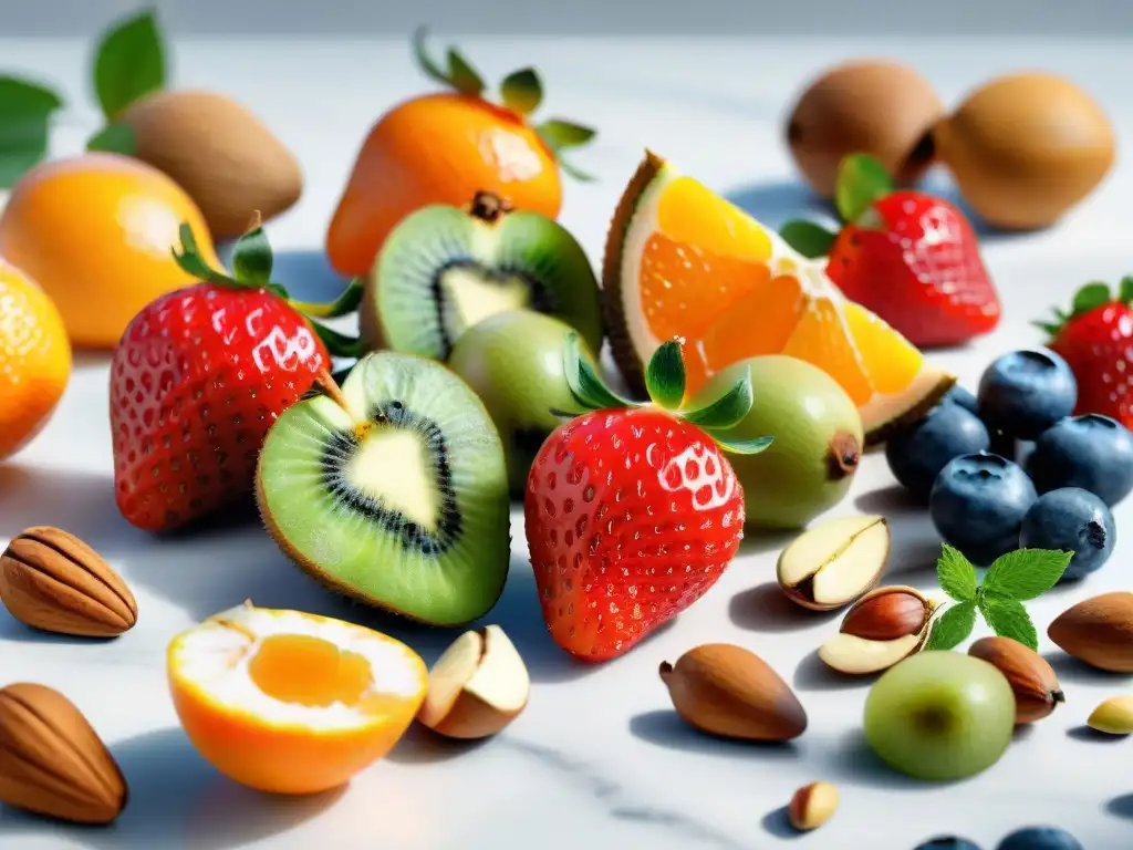 Un exquisito surtido de frutas y frutos secos frescos y coloridos en un elegante mostrador de mármol blanco