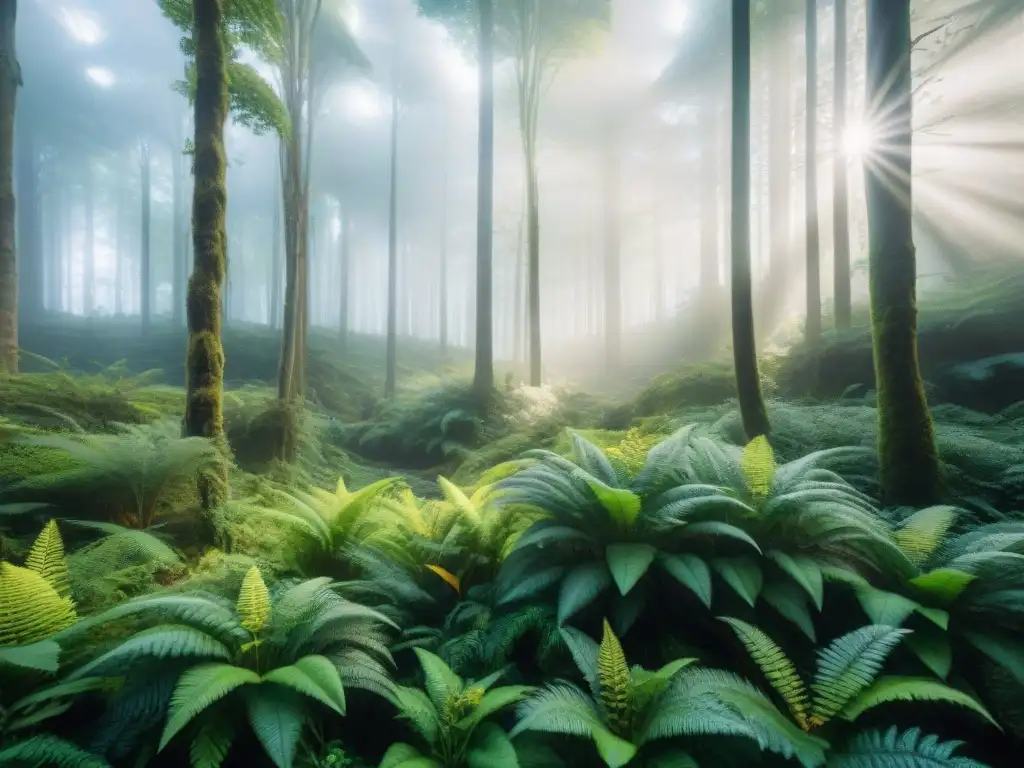 Exuberante bosque en Uruguay: luz filtrándose entre la densa vegetación, integrando la biofilia en Uruguay