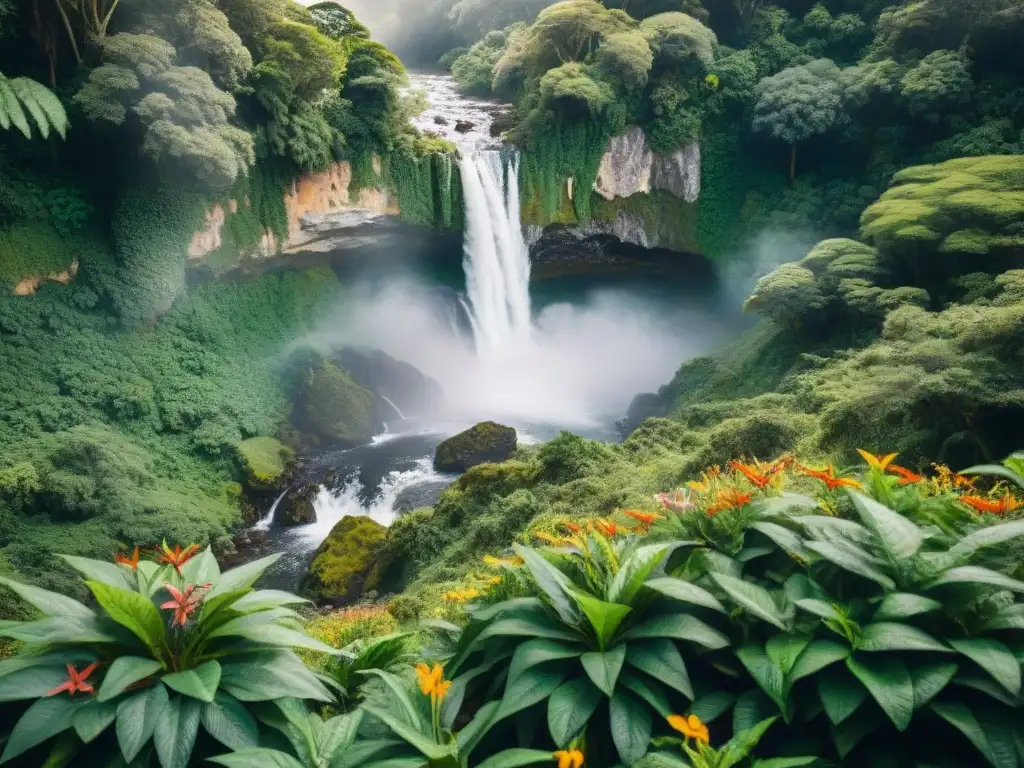 Un exuberante bosque lluvioso en Uruguay con cascada y plantas nativas