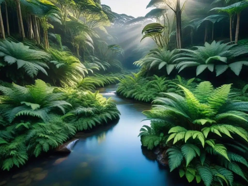 Exuberante bosque en Uruguay, con luz solar entre el dosel, iluminando helechos vibrantes y rocas cubiertas de musgo