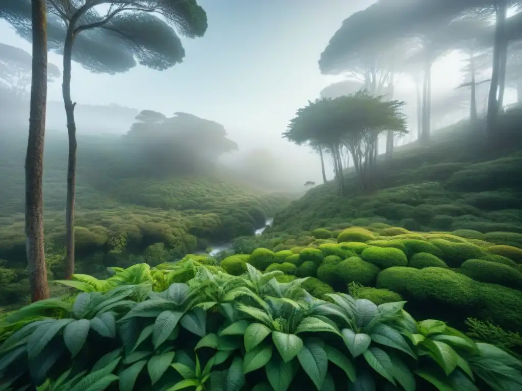 Un exuberante bosque verde de Uruguay, resaltando la belleza de la naturaleza y la sostenibilidad con colores vibrantes y detalles de flora y fauna