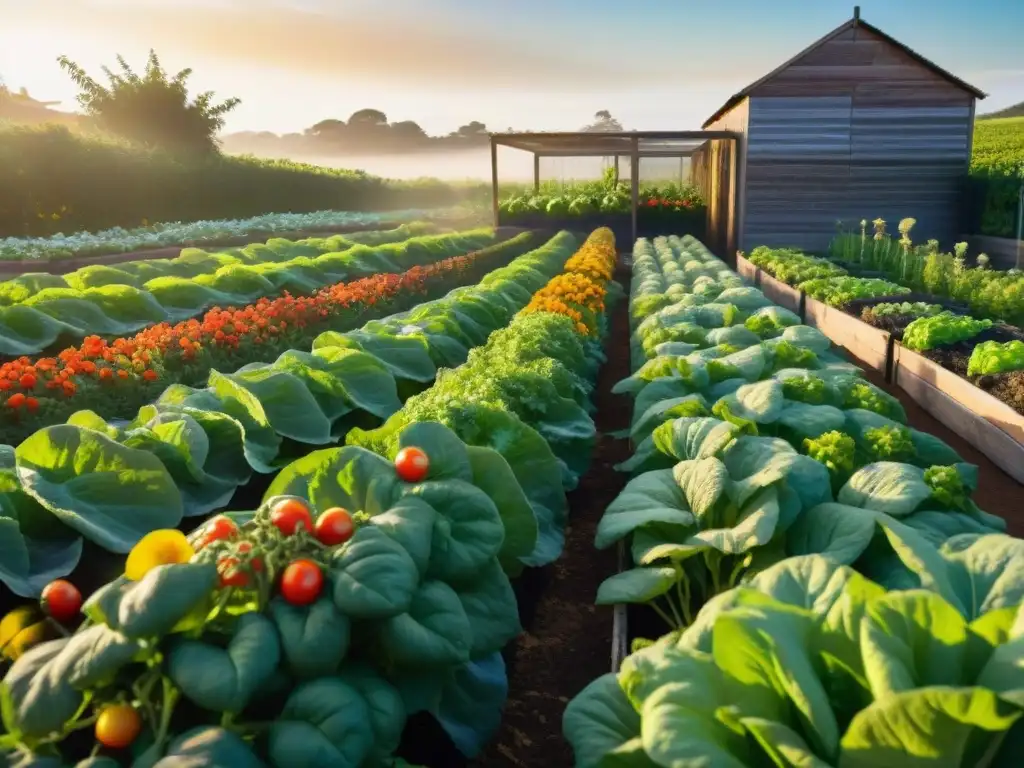 Un jardín exuberante en Uruguay con cultivo de alimentos en casa: hortalizas vibrantes, invernadero de madera y abejas entre flores coloridas