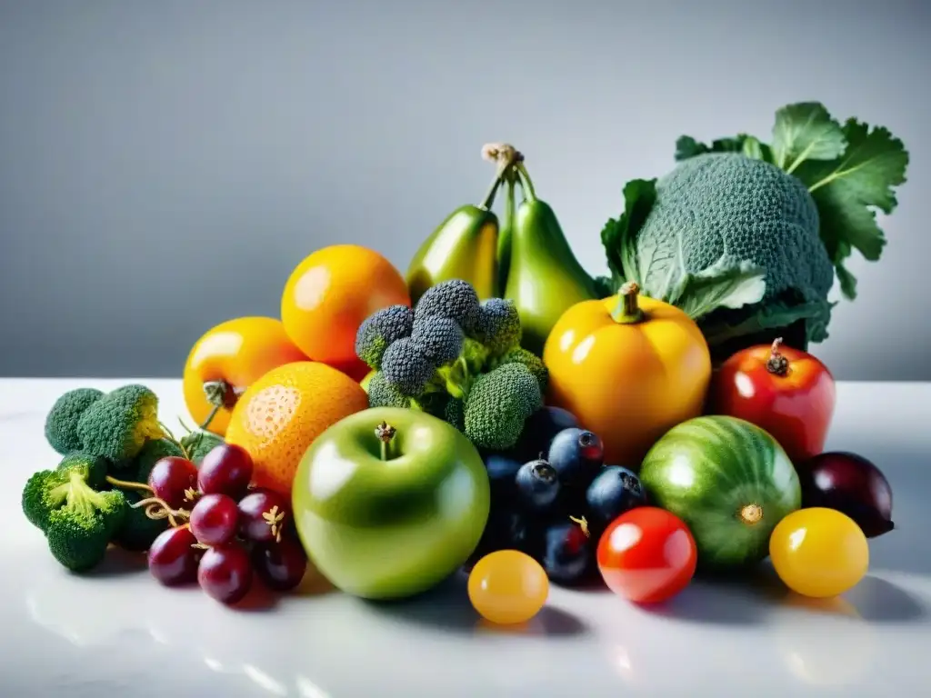 Exuberante exhibición de frutas y verduras frescas en un mostrador blanco, con gotas de agua brillando bajo luces brillantes