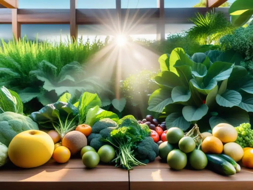 Un jardín exuberante en Uruguay con frutas y verduras vibrantes en una mesa de madera