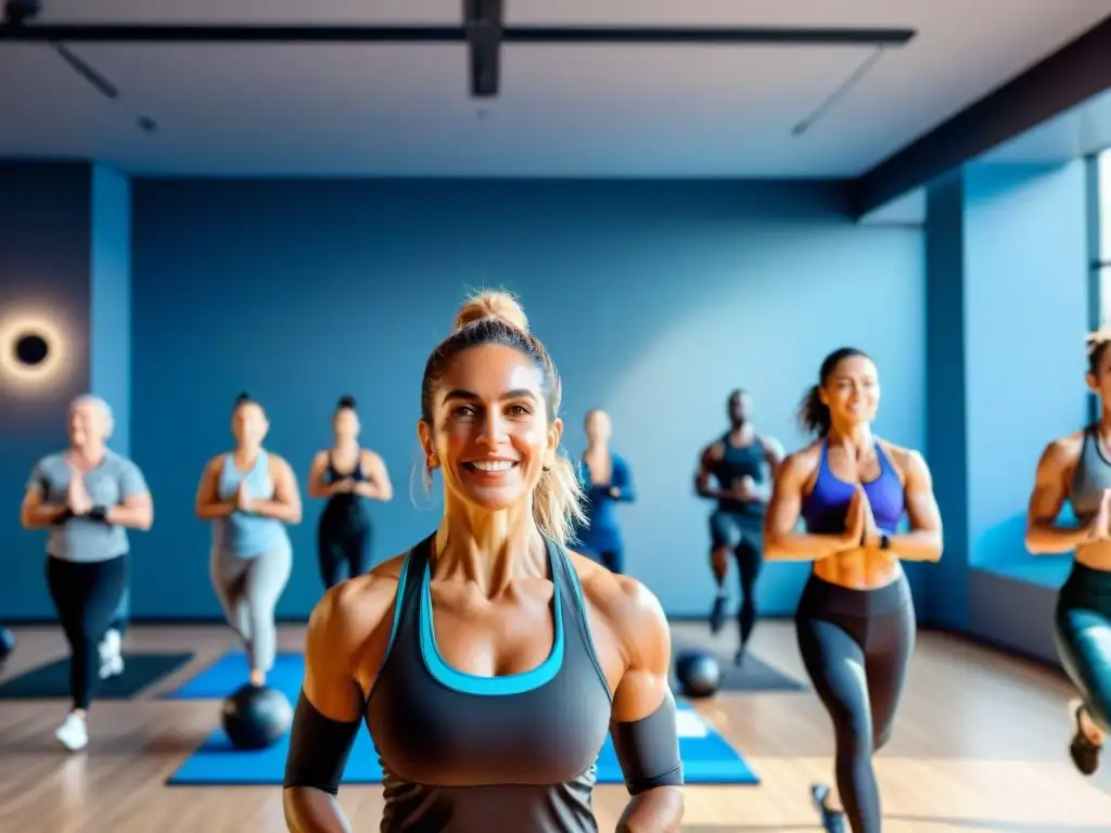 Exuberante gimnasio en Uruguay, personas de todas las edades y orígenes realizando diversas actividades fitness con determinación y alegría