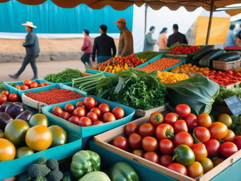 Exuberante mercado de agricultores en Uruguay con productos frescos y coloridos, promoviendo una dieta vegetariana equilibrada Uruguay